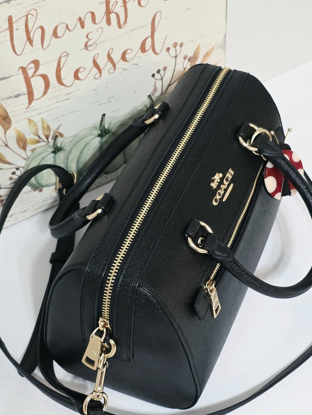 Coach Rowan BLACK Gold Medium Crossbody Bag Crossgrain Leather Shoulder Purse π - Picture 3 of 15